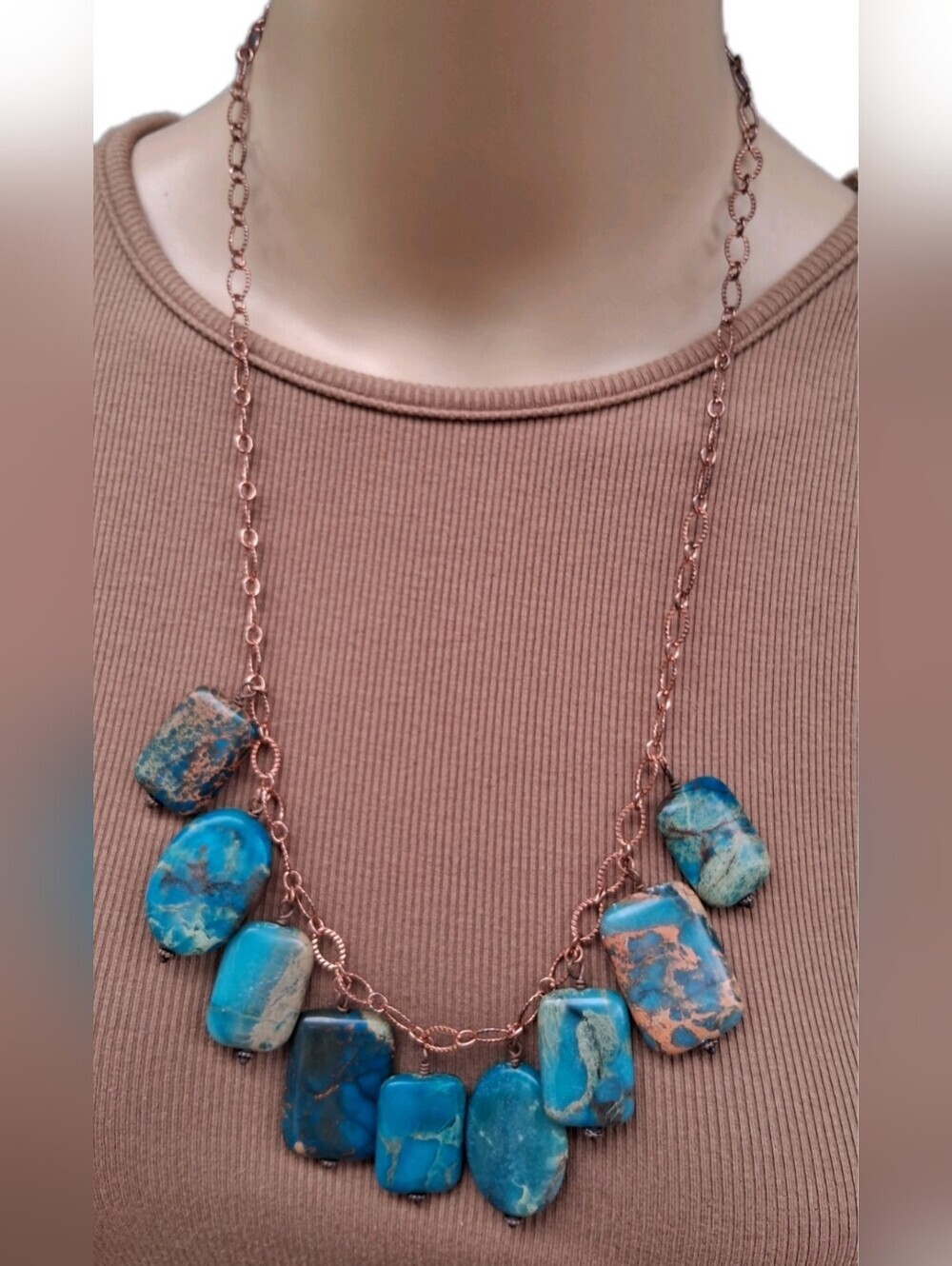 Vintage Copper Chunky Blue Sea Sediment Jasper Bib Statement Necklace